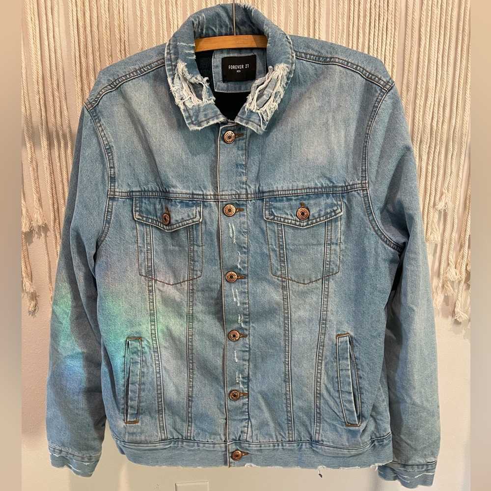 Forever 21 MEN Distressed Denim Winter Jacket Double-Lined Size M/L UNISEX - Picture 2 of 12